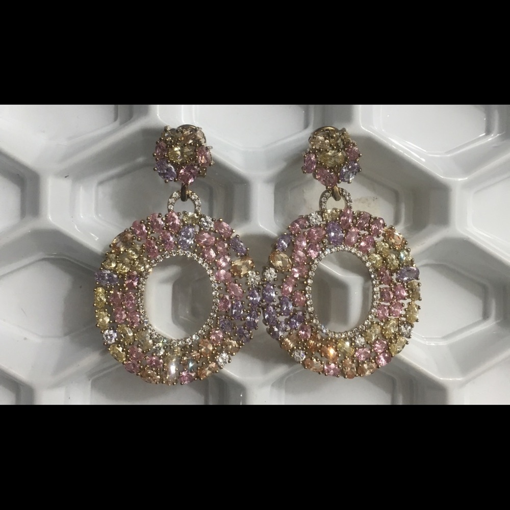 Joan Boyce Brass 14k  GoldPlated Multicolor CZ Earrings Clip on
